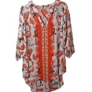 Cato Womens Plus Size Orange and White Graphic Tunic 3/4 Sleeve Size 18/20